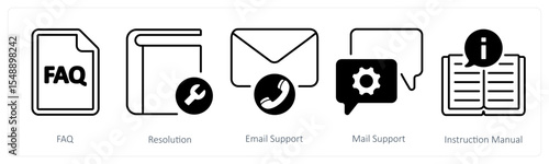 A set of 5 mix icons as faq, resolution, email support