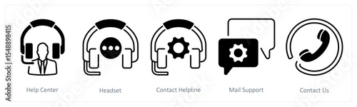A set of 5 mix icons as help center, headset, contact helpline