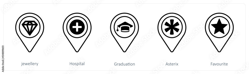 A set of 5 mix icons as jewellery, hospital, graduation A set of 5 mix icons as jewellery, hospital, graduation