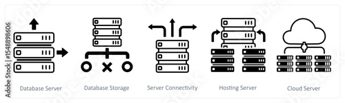 A set of 5 mix icons as database server, database storage, server connectivity