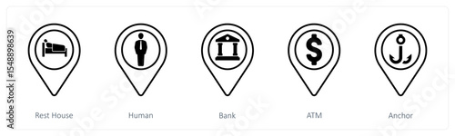 A set of 5 mix icons as rest house, human, bank