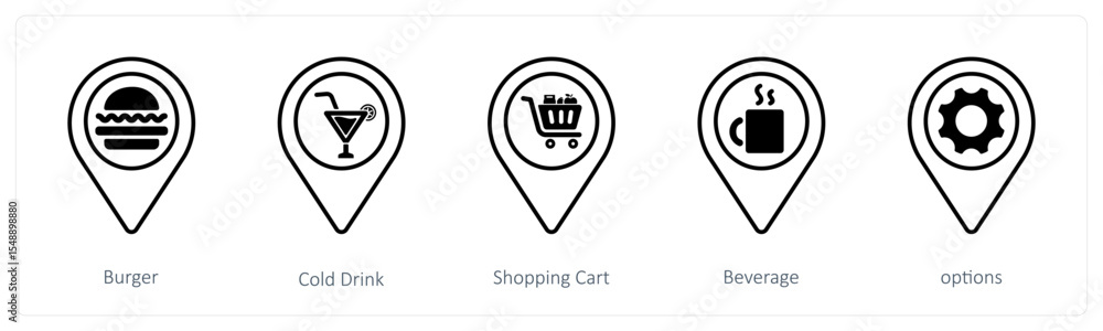 A set of 5 mix icons as burger, cold drink, shopping cart A set of 5 mix icons as burger, cold drink, shopping cart