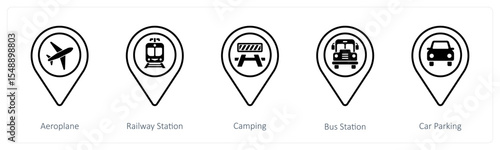 A set of 5 mix icons as aeroplane, railway station, camping