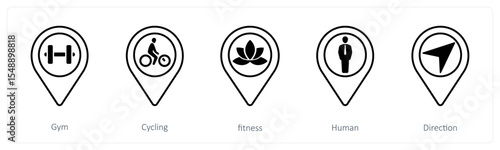 A set of 5 mix icons as gym, cycling, fitness
