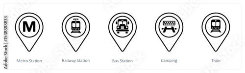 A set of 5 mix icons as metro station, railway station, bus station