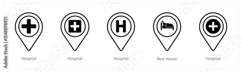 A set of 5 mix icons as hospital, rest house, health care