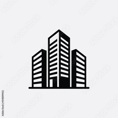 Black and white icon depicting three stylized office buildings a central taller building flanked by two shorter buildings simple line art style minimalist design