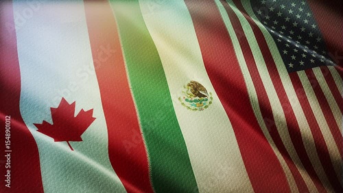 The flags of the three countries flying together. 4K Loop Motion Animation.