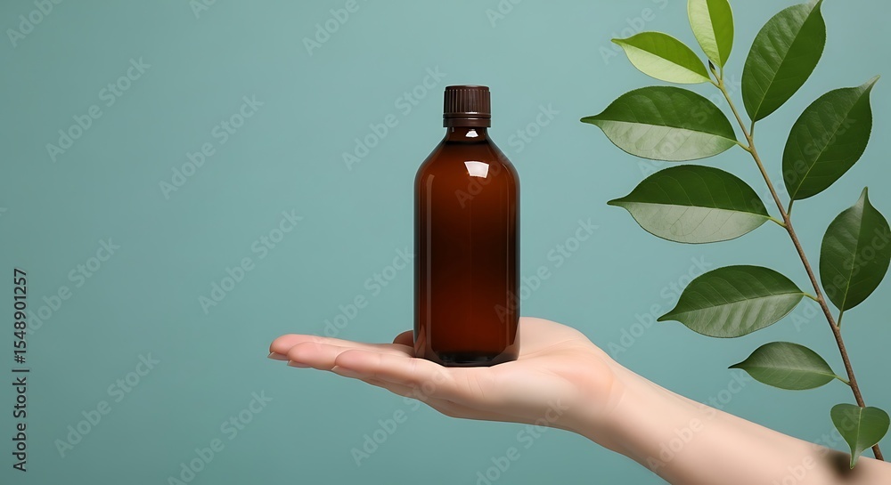 Hand holding brown bottle with green leaves against a muted teal colored backdrop Hand holding brown bottle with green leaves against a muted teal colored backdrop