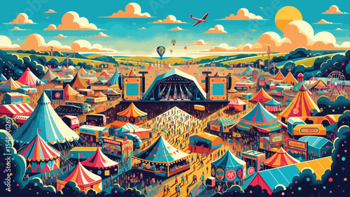A vibrant and lively flat style illustration of Glastonbury Festival 