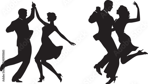 Silhouette Couple Dancing Vector. Elegant Ballroom and Swing Dance Poses.