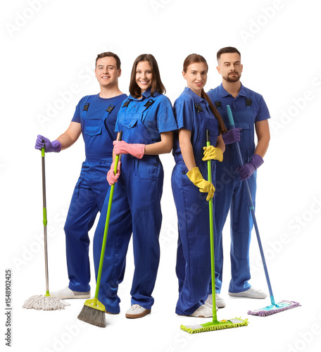 Team of young janitors with...