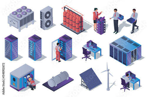 Data center 3d isometric set. Collection isolated flat elements of hardware, server racks, technicians, administration process, computer technology, network, database, more. Vector illustration.