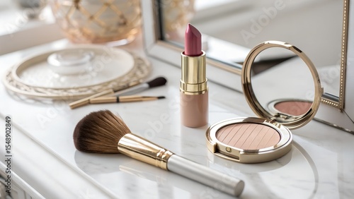 Luxe Makeup Flatlay with Pink Lipstick, Powder Compact, and Gold-Handled Brushes on Marble Surface
