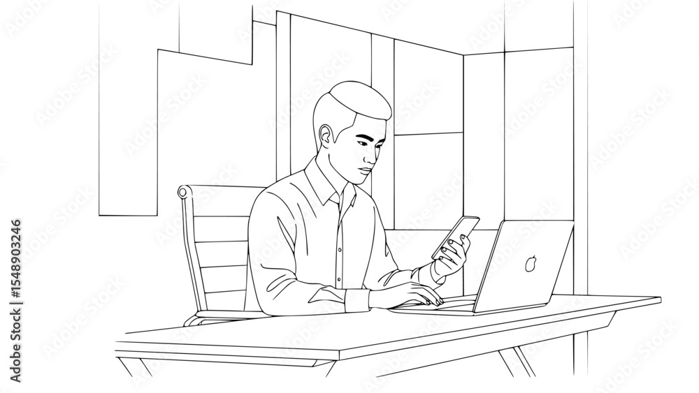 Young man using laptop and smartphone at his desk, line art illustration, modern office setting, focused expression, workday concept Young man using laptop and smartphone at his desk, line art illustration, modern office setting, focused expression, workday concept