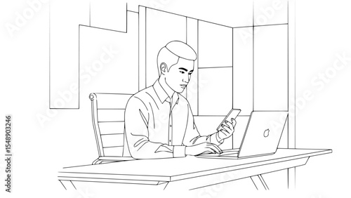 Young man using laptop and smartphone at his desk, line art illustration, modern office setting, focused expression, workday concept