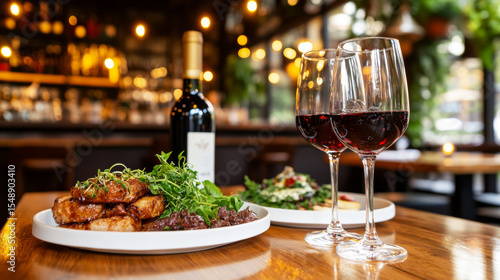 Gourmet Dinner Scene: A beautifully composed gourmet dinner scene features a bottle of wine, accompanied by glasses, and plates of exquisite food on a wooden table.
