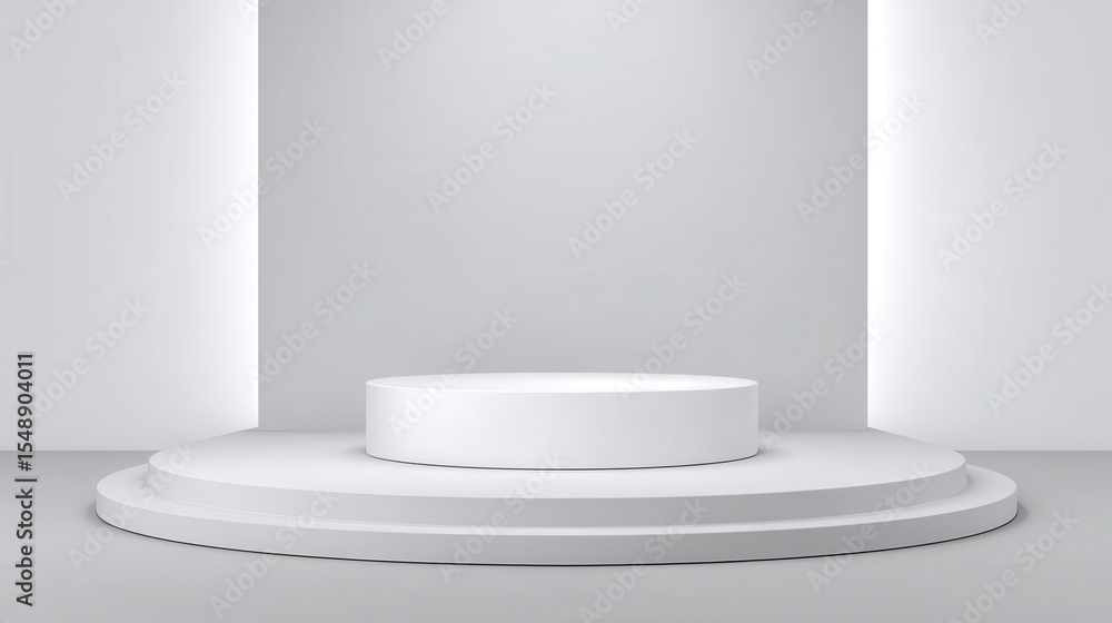 Empty white pedestal display stand in a modern minimalist setting. Empty white pedestal display stand in a modern minimalist setting.