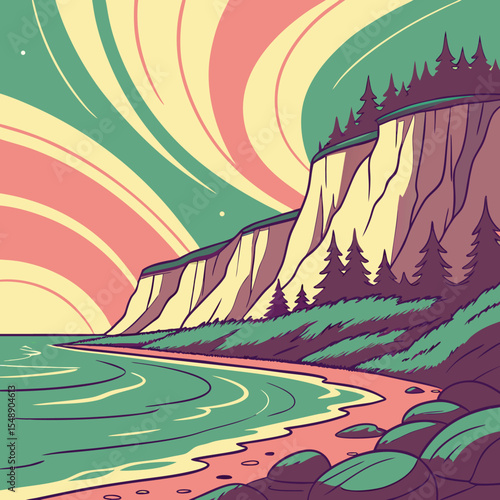 Serene Coastal Cliffscape under a Vibrant Aurora Sky: A Stunning Nature Design for Branding and Logos