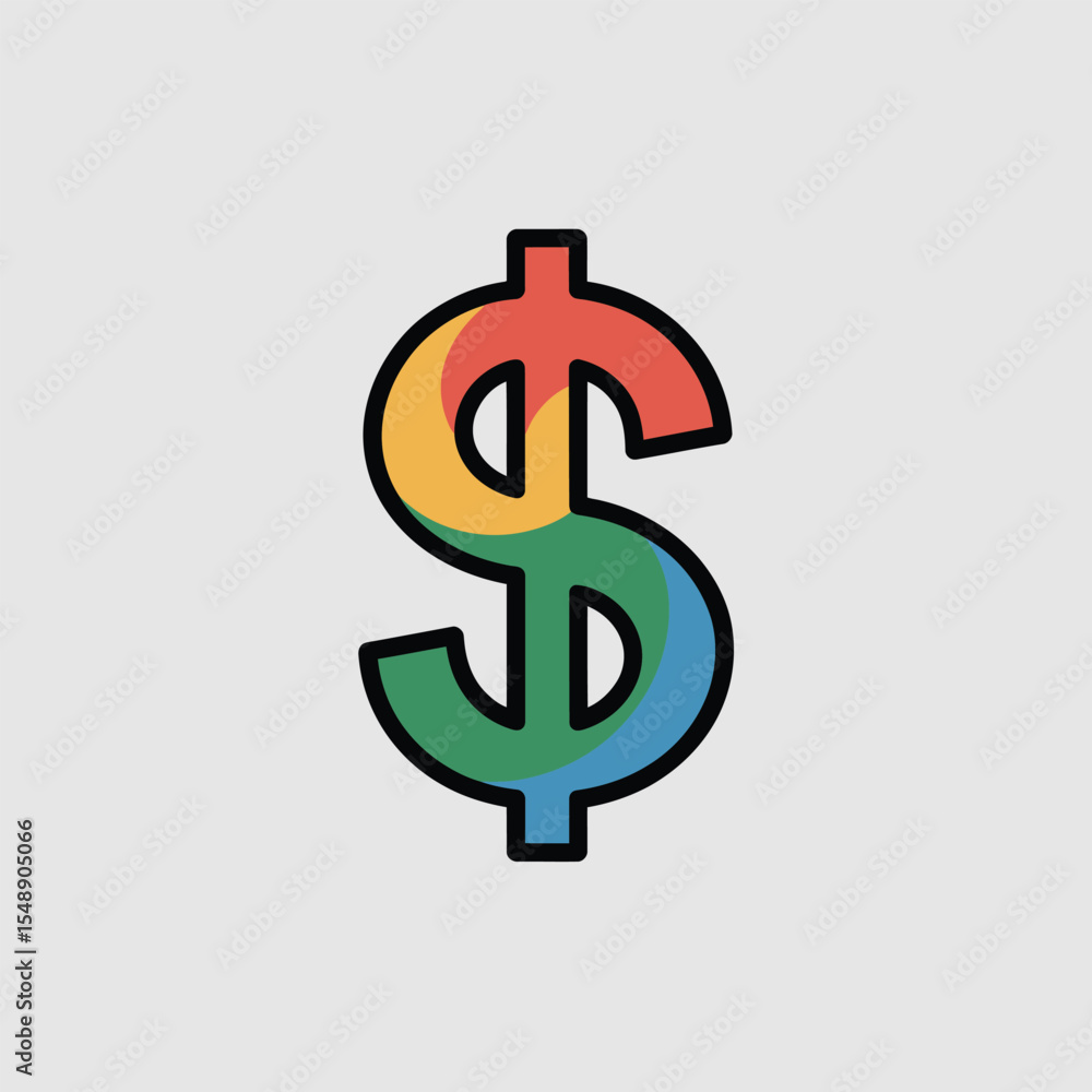 Colorful Flat Style Icon of a Dollar Sign with Red Orange Yellow Green and Blue Swirls Inside a Black Outline Colorful Flat Style Icon of a Dollar Sign with Red Orange Yellow Green and Blue Swirls Inside a Black Outline