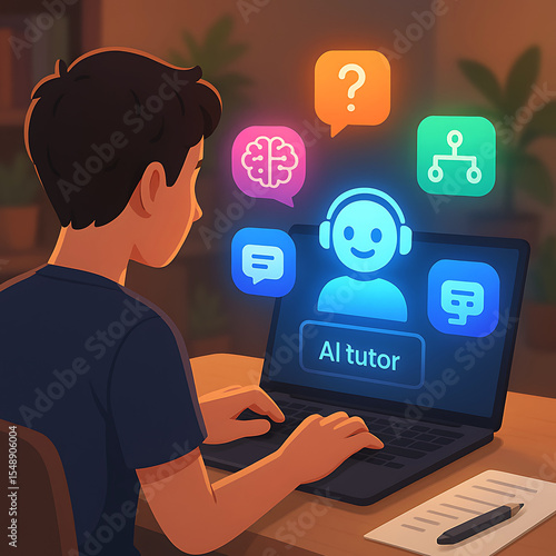 Boy learning with AI tutor on laptop, surrounded by glowing floating education icons