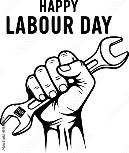 A strong hand holds a wrench, celebrating Labour Day.