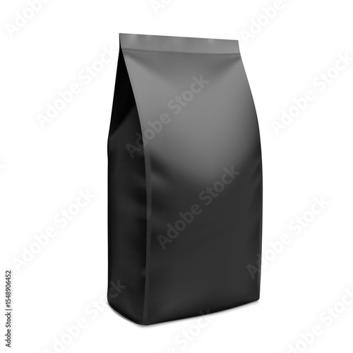 Black vertical bag mockup. Flat bottom gusset bag. Half side view. Vector illustration isolated on white background. Ready for use in presentation, promo, advertising and more. EPS10.