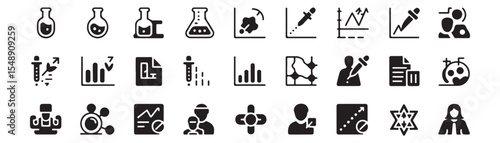 Scientific research glyph icon set. Vector pictograms of sample, pipette, lab, graph, regression, correlation, anomaly, document, review, accepted, rejected, black sign silhouette illustration. 