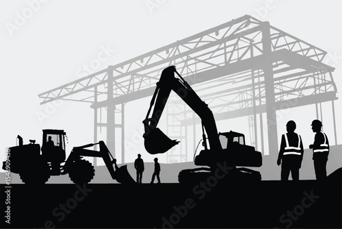 construction site silhouette with heavy machinery and safety gear workers vector