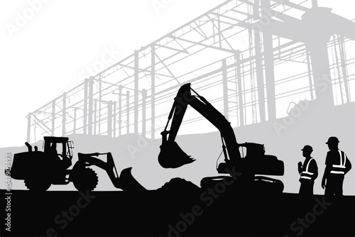 industrial construction scene silhouette featuring excavator, bulldozer, and hardhat workers vector