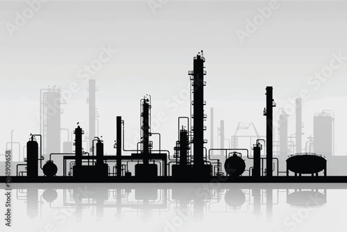 industrial refinery silhouette with complex towers and piping for energy and manufacturing designs vector
