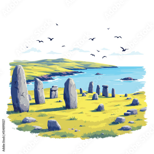 Vsai standing stones overlooking tranquil ocean coastline in rolling green landscape