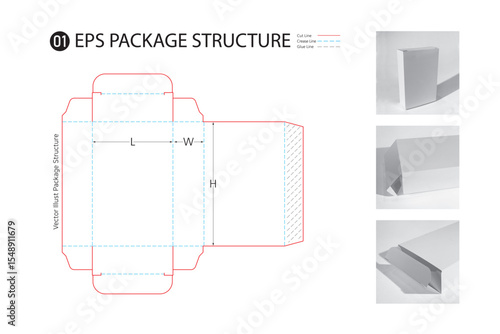 P1_01. Side Adhesive Straight Tuck Box. A box with glued sides and wings above and below, used for lightweight medicine or cosmetic packaging. package Dieline. 