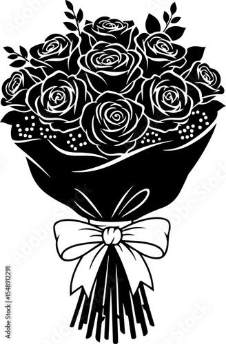 A stylized, black and white graphic of a rose bouquet tied with a ribbon.