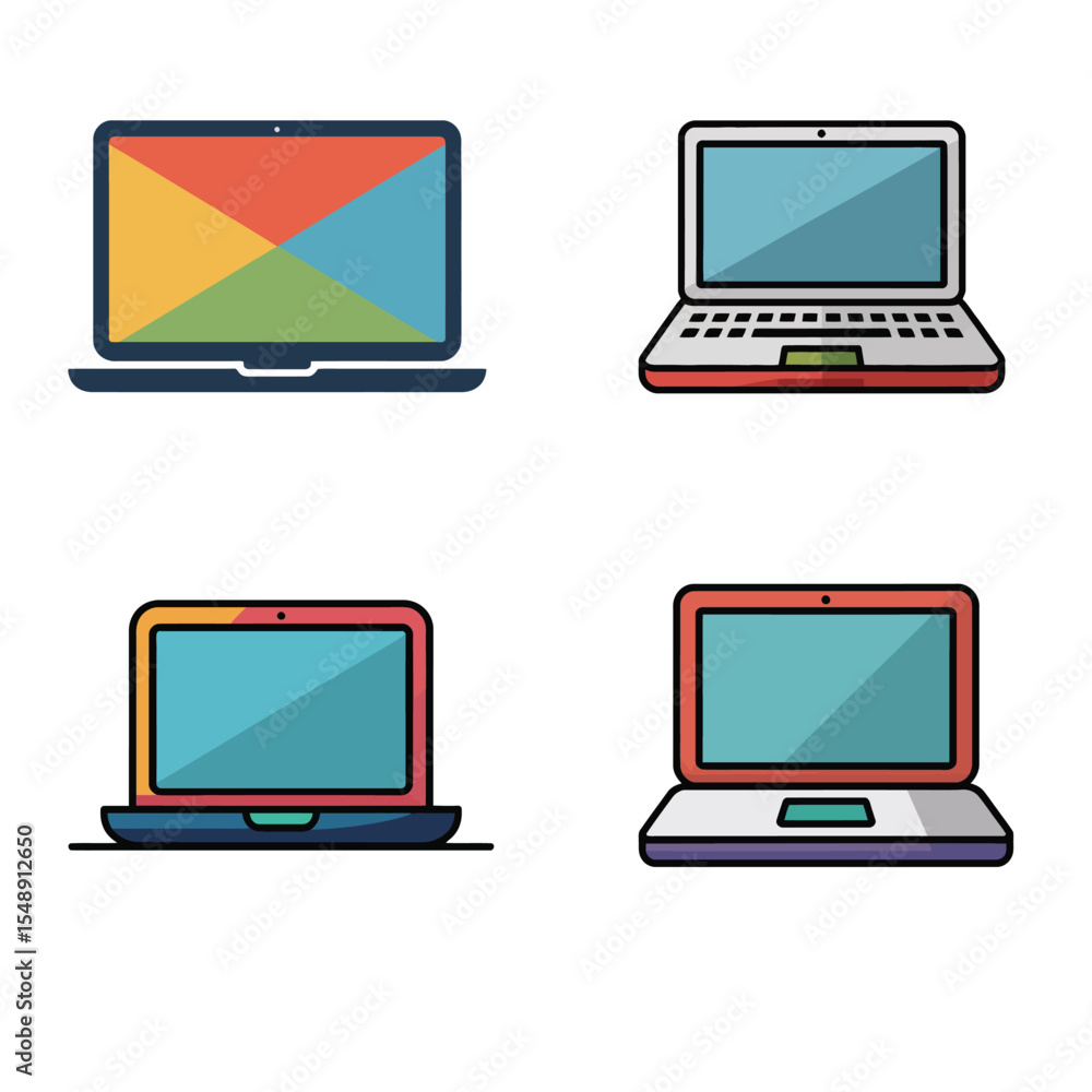 Four Colorful Laptop Computer Icons Flat Design Style Illustration Red Orange Yellow Green Blue Teal Four Colorful Laptop Computer Icons Flat Design Style Illustration Red Orange Yellow Green Blue Teal