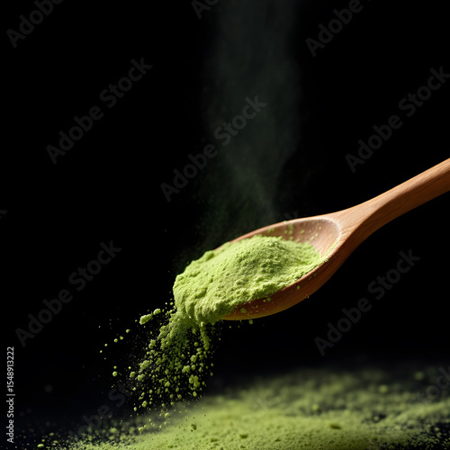 a fine green powder, possibly matcha, gracefully falling from a wooden spoon against a stark black background