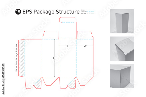 P1_18. a three sided adhesive rectangular box. package structure. package Dieline. Box structure.  