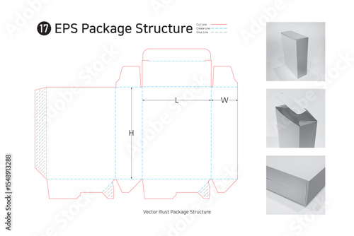 P1_17. a three sided adhesive rectangular box. package structure. package Dieline. Box structure. 