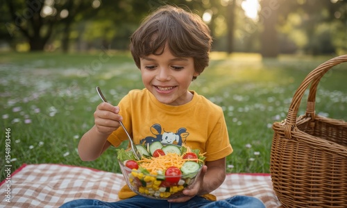 Boy Eats Salad in Park
