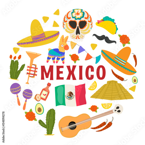 travel mexico infographic banner design mexican sombrero poncho carnival party maracas history culture landmarks cactuses illustration 