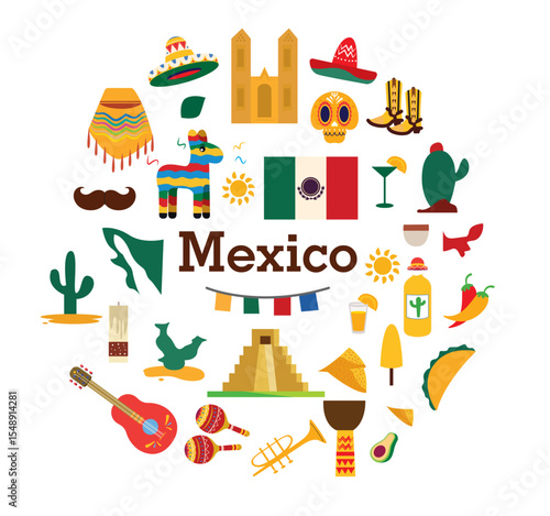 travel mexico infographic banner design mexican sombrero poncho carnival party maracas history culture landmarks cactuses illustration 