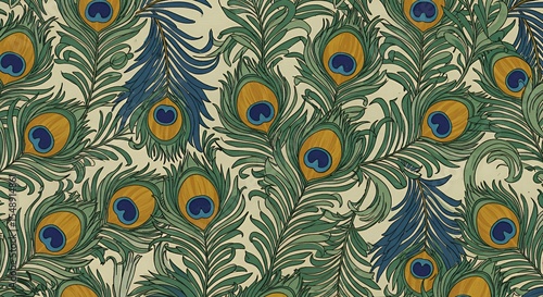 Art Nouveau Peacock Feather Seamless Pattern: Elegant Teal and Gold Design