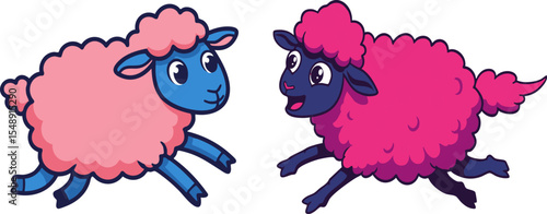 Two cartoon sheep, one pink and one blue, are running cheerfully against a clean white backdrop, offering a playful and whimsical image ideal for children's products or lighthearted marketing.