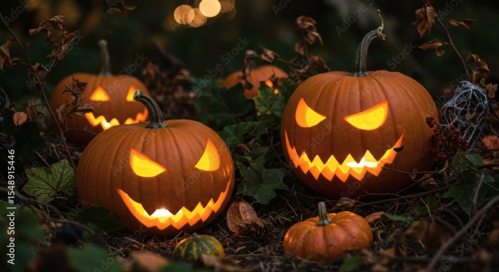 Fototapeta premium Spooky Halloween Jack o lanterns Glowing in Dark Autumnal Forest Setting
