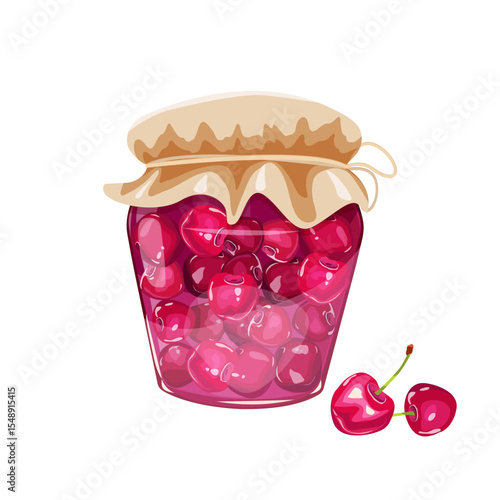 Cherry jam in glass jar and fresh berry. Vector illustration. Homemade sweet food icon on a isolated background.