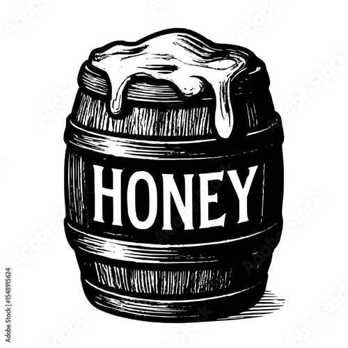 Vintage wooden barrel filled with honey on a white background  