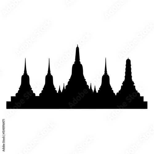 Detailed Silhouette of Religious Architecture Featuring Pagodas and Temple Structures