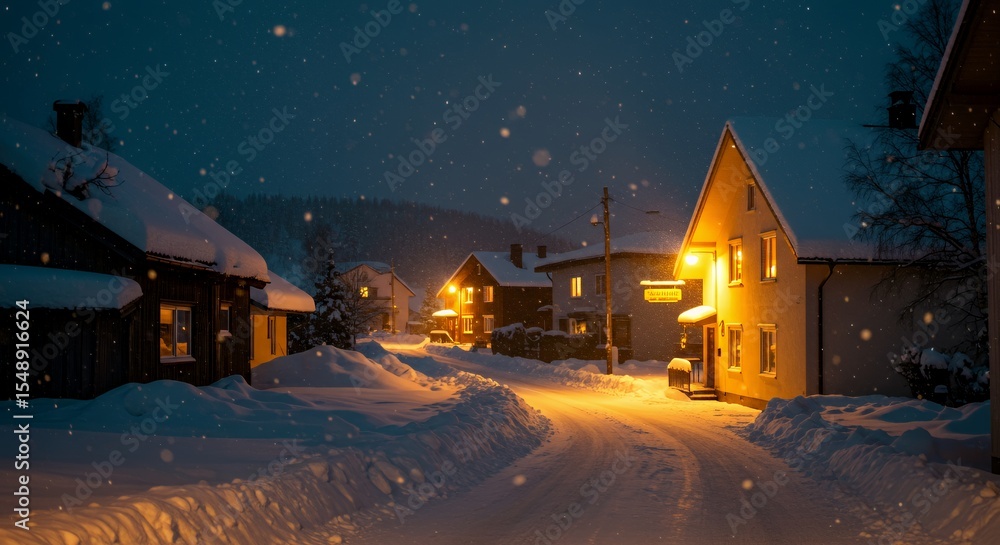 Snowfall Illuminates a Cozy Winter Village Street at Night Snowfall Illuminates a Cozy Winter Village Street at Night