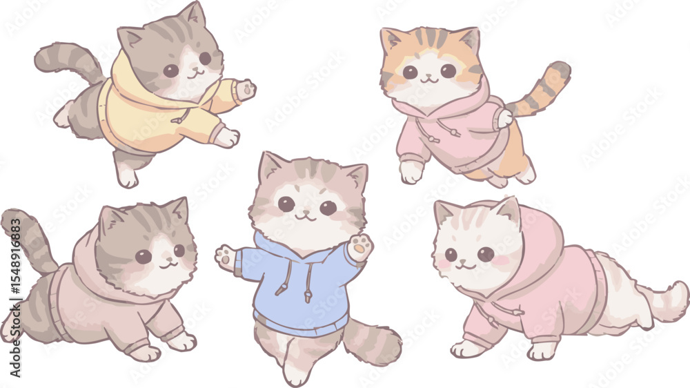 Obraz premium Playful cartoon kittens wearing pastel hoodies are depicted in various poses on a white background creating a lighthearted and cheerful mood, ideal for children's illustrations and whimsical designs.