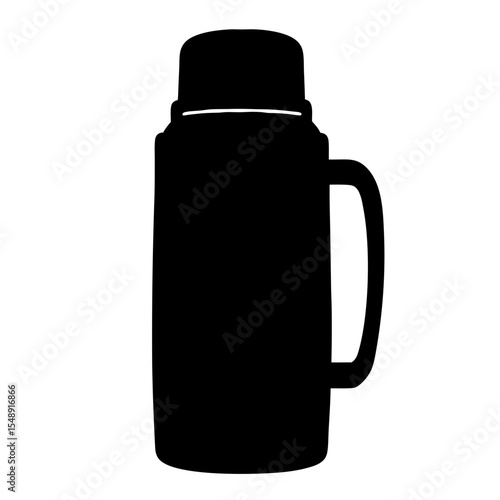 Black silhouette of a camping thermos flask for hot beverages on white